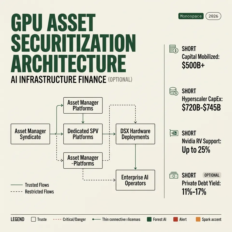 Architecture diagram detailing the $500B compute financing framework connecting Wall Street lenders, SPV funding platforms, and Nvidia DSX deployments.