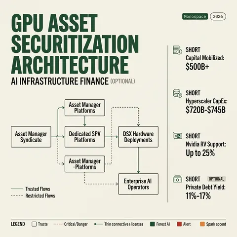 Architecture diagram detailing the $500B compute financing framework connecting Wall Street lenders, SPV funding platforms, and Nvidia DSX deployments.