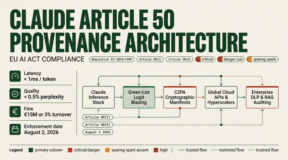 Technical architecture diagram of Anthropic's universal output watermarking pipeline under EU AI Act Article 50, illustrating statistical logit biasing and C2PA manifest flows to cloud hyperscalers and enterprise verification endpoints.