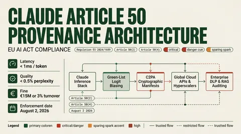 Technical architecture diagram of Anthropic's universal output watermarking pipeline under EU AI Act Article 50, illustrating statistical logit biasing and C2PA manifest flows to cloud hyperscalers and enterprise verification endpoints.