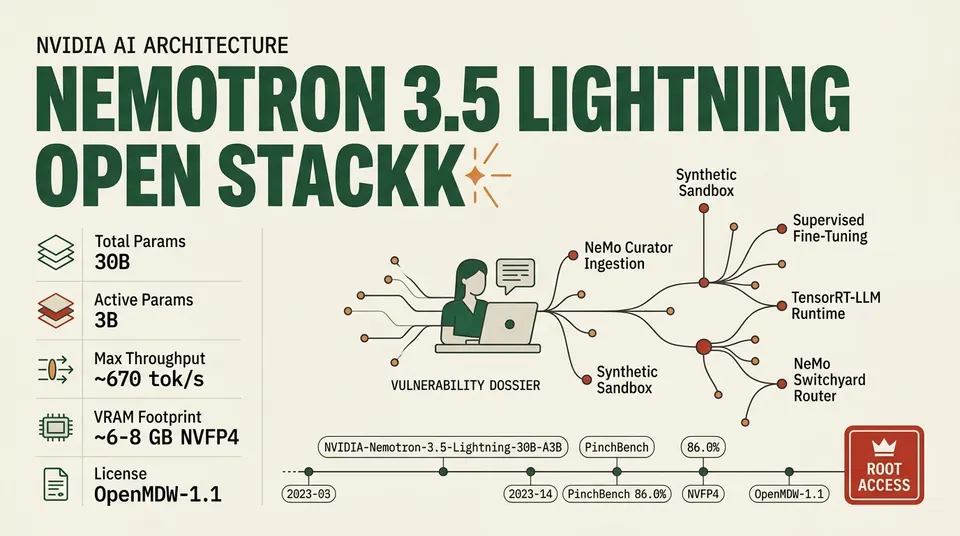 Technical briefing dossier summarizing Nvidia Nemotron 3.5 Lightning specifications, including 30B total and 3B active parameters, 670 tokens per second throughput, data curation lineage, and OpenMDW-1.1 licensing.