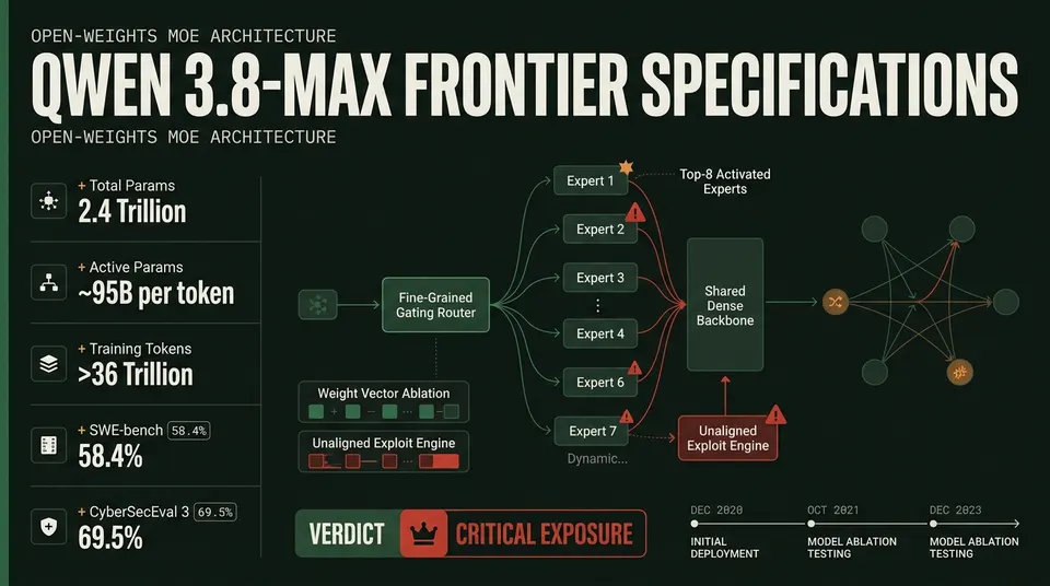 Cybersecurity dossier and technical specification breakdown of Alibaba's Qwen 3.8-Max 2.4T open-weights model, highlighting sparse Mixture-of-Experts routing, hardware requirements, and dual-use exploit synthesis risks.