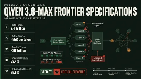 Cybersecurity dossier and technical specification breakdown of Alibaba's Qwen 3.8-Max 2.4T open-weights model, highlighting sparse Mixture-of-Experts routing, hardware requirements, and dual-use exploit synthesis risks.