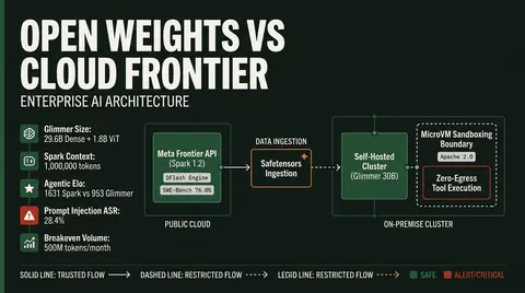 Architecture diagram contrasting Meta Muse Spark 1.2 managed API against self-hosted Muse Glimmer 30B open weights, detailing memory envelopes, security threat boundaries, and economic breakeven points.