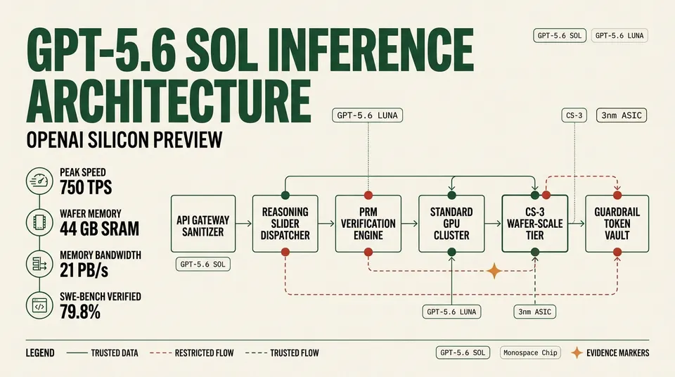 Architecture diagram of OpenAI GPT-5.6 Sol dynamic test-time compute routing and ultrafast wafer-scale hardware acceleration tier.