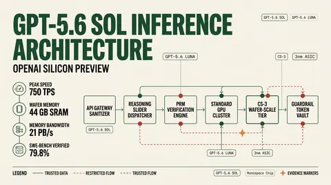 Architecture diagram of OpenAI GPT-5.6 Sol dynamic test-time compute routing and ultrafast wafer-scale hardware acceleration tier.