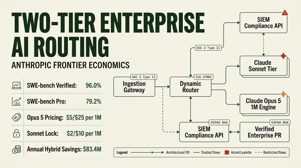 Technical architecture diagram of Anthropic Claude Opus 5 and locked-rate Sonnet two-tier enterprise deployment pipeline, showing benchmarks and cost metrics.
