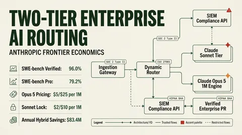 Technical architecture diagram of Anthropic Claude Opus 5 and locked-rate Sonnet two-tier enterprise deployment pipeline, showing benchmarks and cost metrics.
