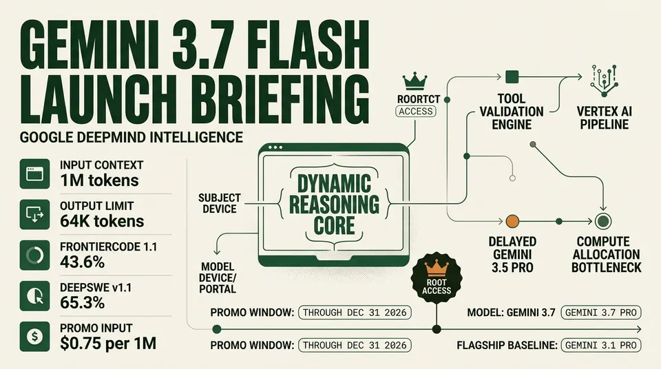 Intelligence dossier infographic detailing Google Gemini 3.7 Flash technical specifications, benchmark scores, hybrid reasoning core, and the delayed Gemini 3.5 Pro roadmap.