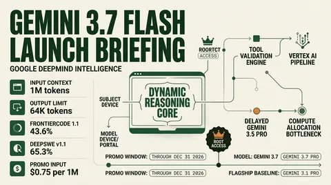 Intelligence dossier infographic detailing Google Gemini 3.7 Flash technical specifications, benchmark scores, hybrid reasoning core, and the delayed Gemini 3.5 Pro roadmap.