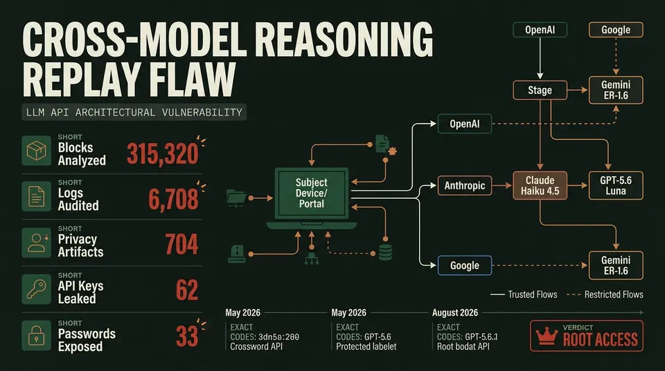 Threat dossier infographic detailing the LLM reasoning block replay vulnerability across OpenAI, Anthropic, and Google APIs, showing empirical telemetry statistics and disclosure timeline.