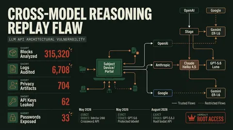 Threat dossier infographic detailing the LLM reasoning block replay vulnerability across OpenAI, Anthropic, and Google APIs, showing empirical telemetry statistics and disclosure timeline.