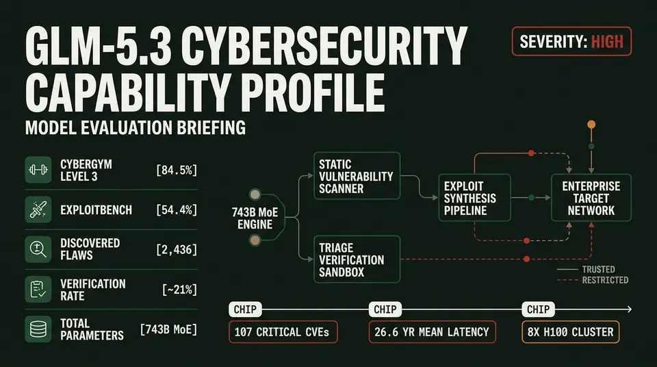 Technical dossier infographic displaying GLM-5.3 cybersecurity capabilities, benchmark scores including 84.5 percent CyberGym and 54.4 percent ExploitBench, vulnerability discovery volume, and enterprise verification bottleneck metrics.