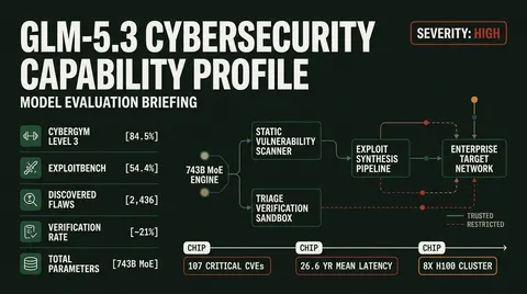 Technical dossier infographic displaying GLM-5.3 cybersecurity capabilities, benchmark scores including 84.5 percent CyberGym and 54.4 percent ExploitBench, vulnerability discovery volume, and enterprise verification bottleneck metrics.