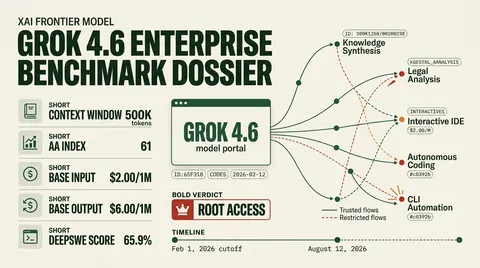 Technical dossier of xAI Grok 4.6 showing core performance metrics, 500,000-token context window, pricing structure, and comparative benchmark breakdown.