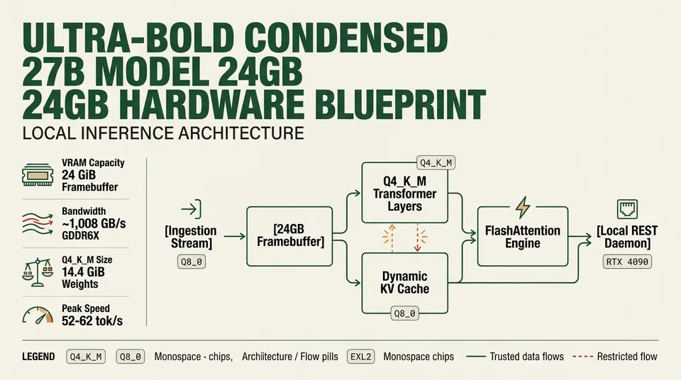 Architecture diagram illustrating full VRAM residency for 27B models on a 24GB GPU, showing weight sizing, KV cache headroom, and memory bandwidth performance.