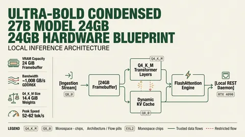 Architecture diagram illustrating full VRAM residency for 27B models on a 24GB GPU, showing weight sizing, KV cache headroom, and memory bandwidth performance.