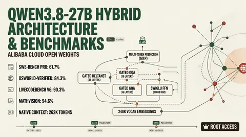 Technical dossier graphic summarizing Qwen3.8-27B architecture specs, key agentic benchmark results, and hybrid attention components.