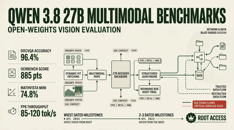 Technical dossier infographic displaying benchmark scores, architectural pipeline, and deployment metrics for the Qwen 3.8 27B vision model.