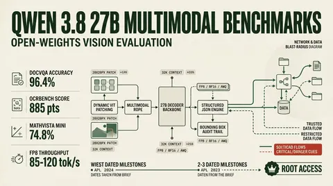 Technical dossier infographic displaying benchmark scores, architectural pipeline, and deployment metrics for the Qwen 3.8 27B vision model.