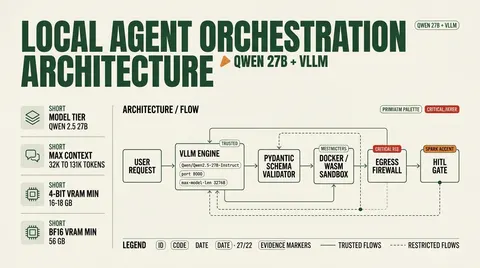 Architecture diagram illustrating local agent orchestration with Qwen 27B on vLLM, including schema validation, sandboxed execution, and security controls.