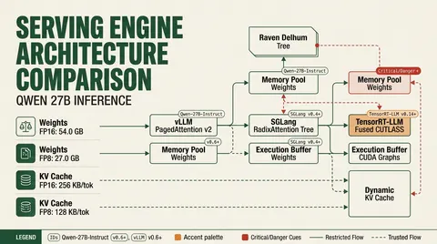 Technical architecture comparison of vLLM, SGLang, and TensorRT-LLM inference engines for Qwen 27B detailing memory layout and execution stacks.