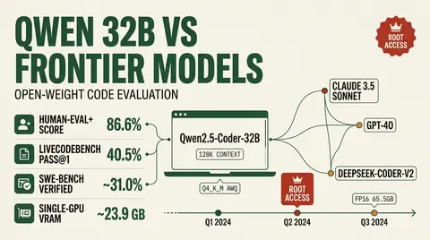 Technical dossier comparing Qwen2.5-Coder-32B against proprietary coding models across HumanEval+, SWE-bench Verified, VRAM requirements, and deployment profiles.