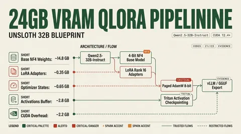 Architecture diagram illustrating the 24GB VRAM allocation breakdown and pipeline stages for fine-tuning a 32B model using Unsloth and 4-bit QLoRA.