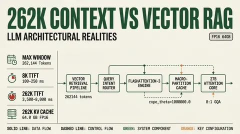 Architectural comparison diagram showing latency, KV-cache footprint, and data routing flows between 8K vector RAG and 262K native long-context models.