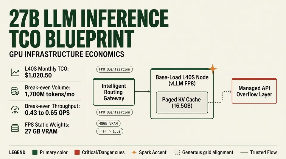 Architectural infographic diagram detailing the total cost of ownership and routing logic between dedicated L40S GPU hosting and managed LLM APIs for 27B models.