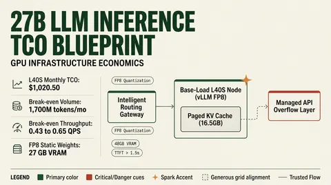 Architectural infographic diagram detailing the total cost of ownership and routing logic between dedicated L40S GPU hosting and managed LLM APIs for 27B models.