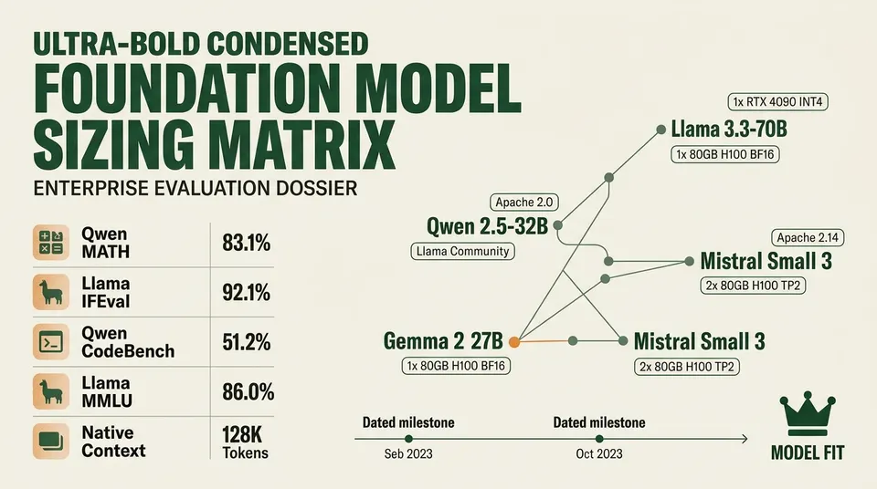 Technical briefing dossier comparing Qwen 2.5-32B, Llama 3.3-70B, Gemma 2 27B, and Mistral Small 3 across benchmark metrics, context limits, and GPU VRAM hardware profiles.