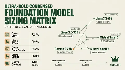 Technical briefing dossier comparing Qwen 2.5-32B, Llama 3.3-70B, Gemma 2 27B, and Mistral Small 3 across benchmark metrics, context limits, and GPU VRAM hardware profiles.