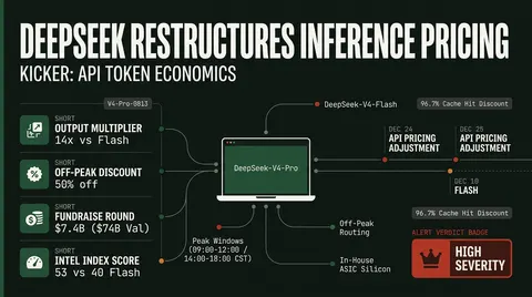 Intelligence dossier infographic detailing DeepSeek V4-Pro's 14x pricing multiplier, 50 percent off-peak time-of-day billing schedule, and custom silicon capital expansion.