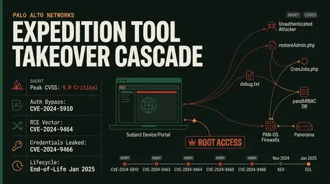 Threat intelligence dossier detailing the Palo Alto Networks Expedition exploit chain, CVSS scores, affected assets, and credential rotation workflow.