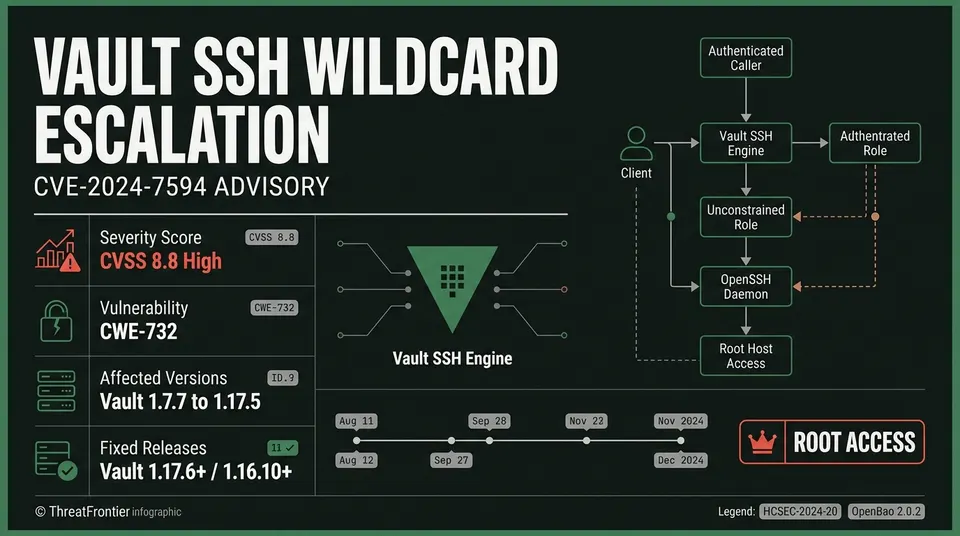 Threat dossier diagram for CVE-2024-7594 detailing the Vault SSH empty principals vulnerability, CVSS 8.8 score, affected versions, and privilege escalation path to root host access.
