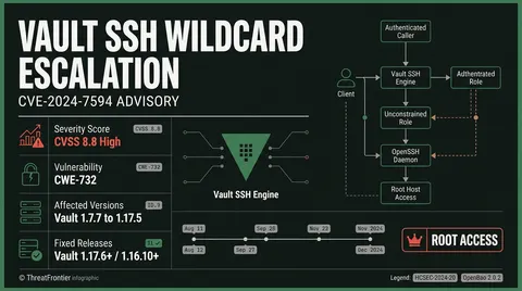 Threat dossier diagram for CVE-2024-7594 detailing the Vault SSH empty principals vulnerability, CVSS 8.8 score, affected versions, and privilege escalation path to root host access.