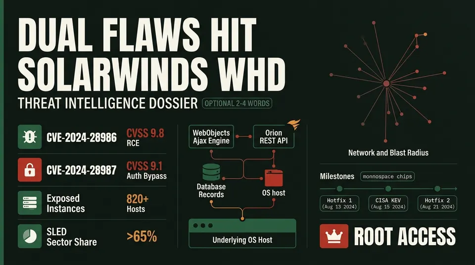 Threat dossier poster comparing SolarWinds Web Help Desk vulnerabilities CVE-2024-28986 and CVE-2024-28987 with severity scores, target endpoints, and remediation timelines.