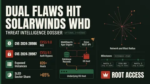 Threat dossier poster comparing SolarWinds Web Help Desk vulnerabilities CVE-2024-28986 and CVE-2024-28987 with severity scores, target endpoints, and remediation timelines.