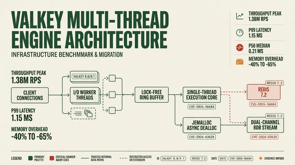 Architectural breakdown of Valkey multi-threaded engine showing parallel I/O threads, lock-free ring buffer, main execution core, and async background workers alongside throughput and latency stats.