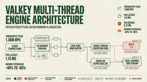 Architectural breakdown of Valkey multi-threaded engine showing parallel I/O threads, lock-free ring buffer, main execution core, and async background workers alongside throughput and latency stats.