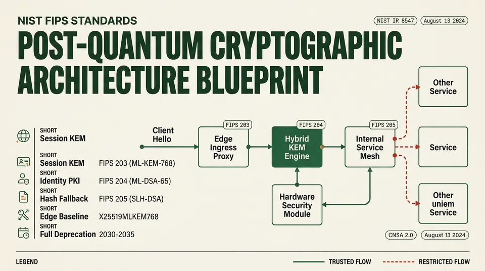Architectural infographic illustrating post-quantum cryptographic standards FIPS 203, 204, and 205, hybrid TLS 1.3 key exchange flows, and regulatory compliance deprecation milestones.