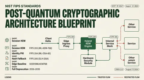 Architectural infographic illustrating post-quantum cryptographic standards FIPS 203, 204, and 205, hybrid TLS 1.3 key exchange flows, and regulatory compliance deprecation milestones.