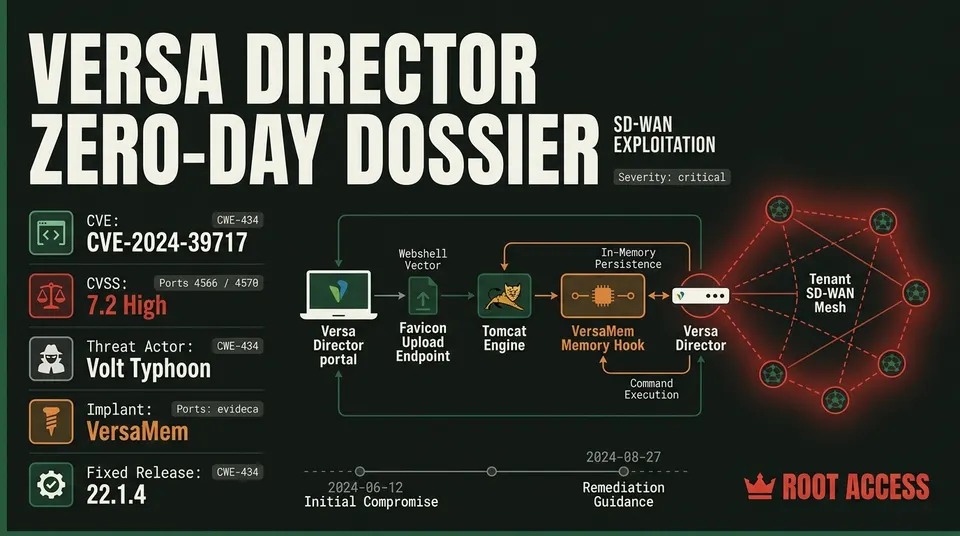 Threat intelligence dossier outlining CVE-2024-39717 in Versa Director, detailing Volt Typhoon exploitation mechanics, VersaMem in-memory webshell, and carrier blast radius.