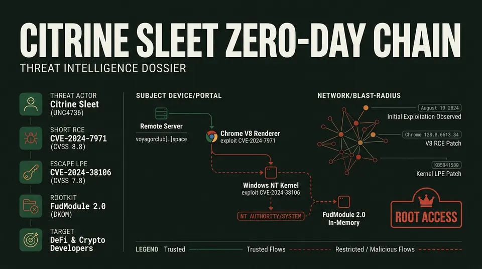 Threat intelligence dossier diagram illustrating Citrine Sleet's exploit chain from Chrome V8 type confusion CVE-2024-7971 to Windows kernel exploit CVE-2024-38106 and in-memory FudModule rootkit deployment.