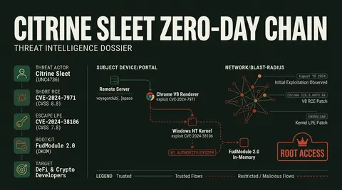 Threat intelligence dossier diagram illustrating Citrine Sleet's exploit chain from Chrome V8 type confusion CVE-2024-7971 to Windows kernel exploit CVE-2024-38106 and in-memory FudModule rootkit deployment.