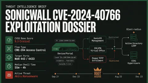 Threat intelligence dossier detailing SonicWall CVE-2024-40766 vulnerability metrics, Akira ransomware attack vector, affected SSLVPN components, and key forensic event IDs.