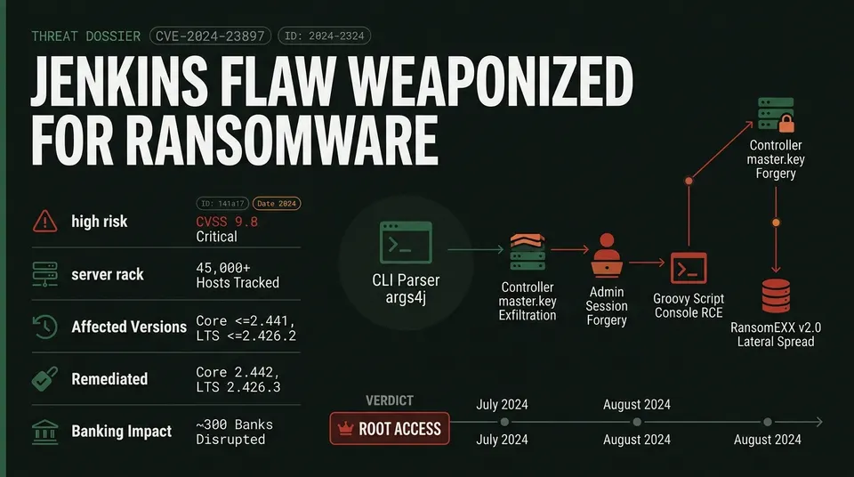 Threat intelligence dossier detailing Jenkins vulnerability CVE-2024-23897 with CVSS 9.8 metrics, args4j file-read mechanics, and RansomEXX supply chain disruption.