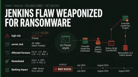 Threat intelligence dossier detailing Jenkins vulnerability CVE-2024-23897 with CVSS 9.8 metrics, args4j file-read mechanics, and RansomEXX supply chain disruption.