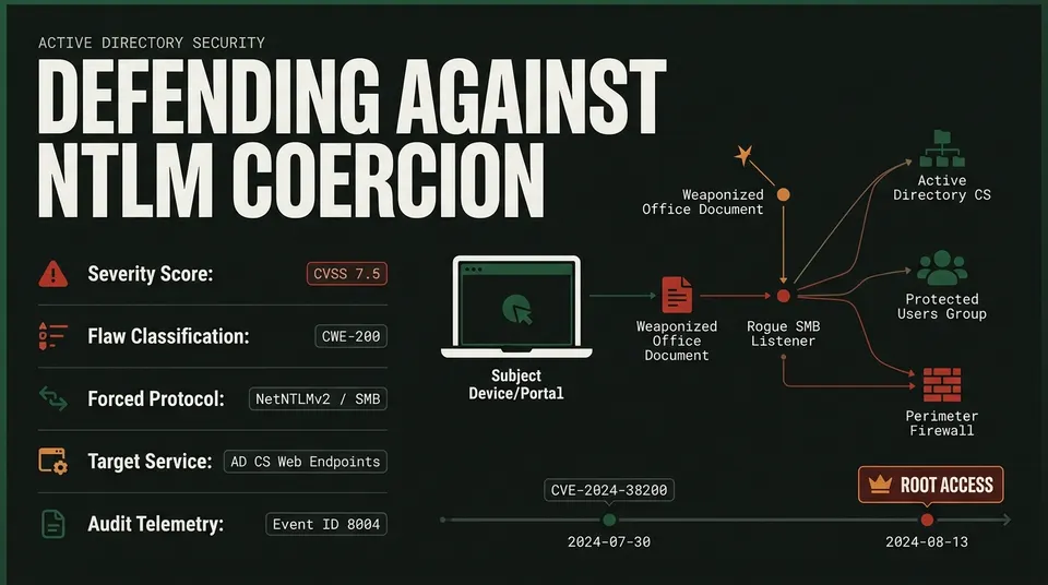 Threat intelligence dossier detailing CVE-2024-38200 NTLM coercion mechanics, key protocol metrics, and Active Directory defense layers.